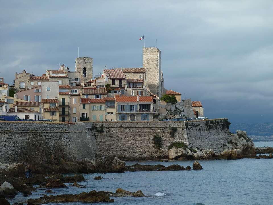 The ramparts and old town of Antibes from the sea